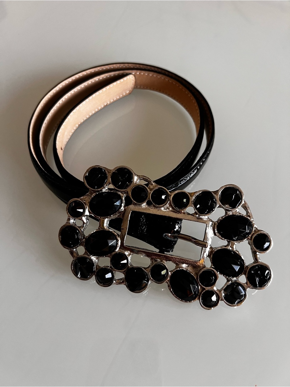 Leather Lock Genuine Leather Black Jeweled Statement Buckle Belt Y2K